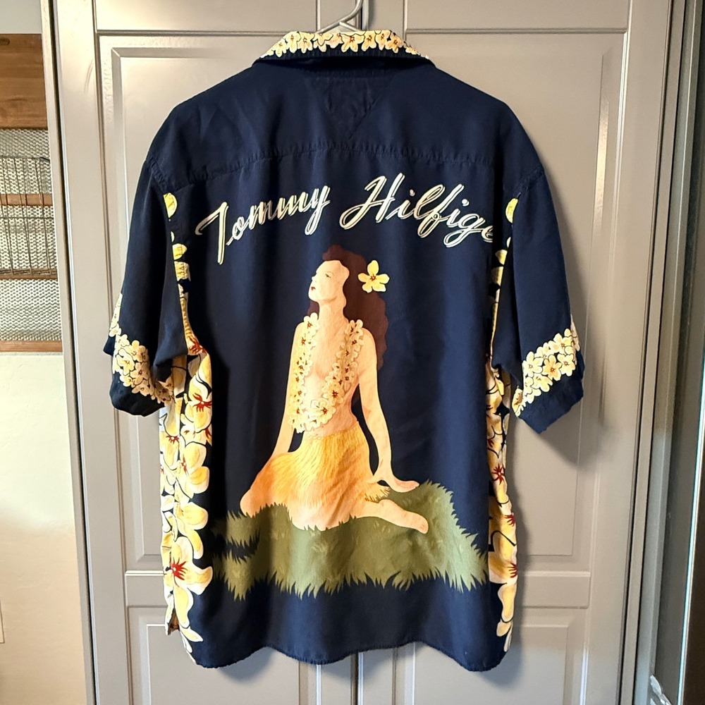 Tommy Hilfiger Vintage Mens Hawaiian Lei Hula Girl Aloha Shirt, Navy Yellow, XL